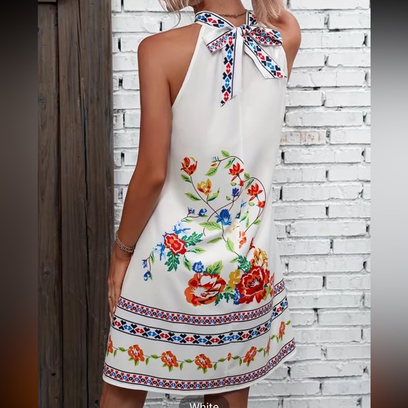 Vintage Floral Print Dress, Casual Tie Back Sleeveless Dress, - Picture 2 of 8